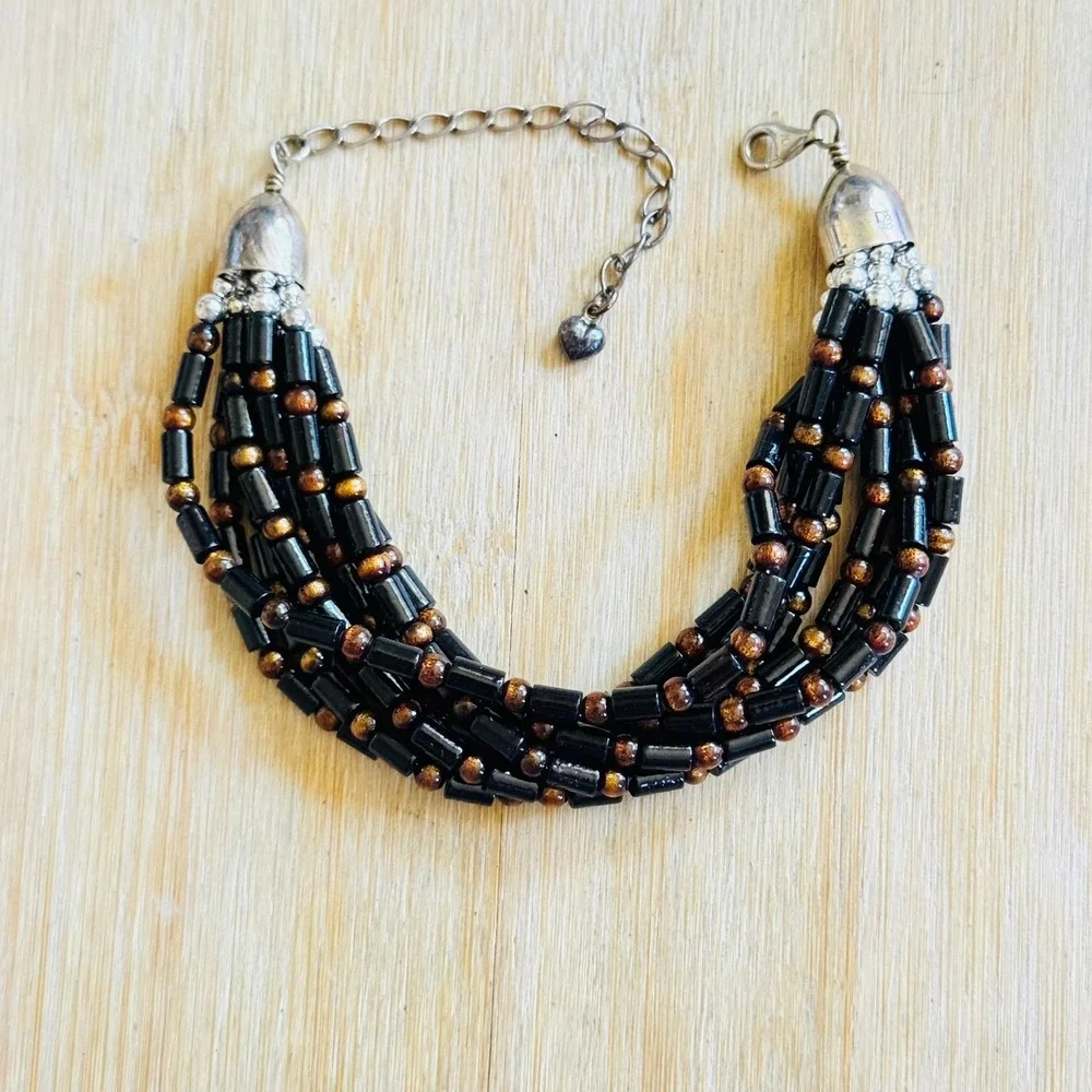 Jay King DTR Desert Rose Trading Bracelet Black Gold Coral Beaded Sterling 925